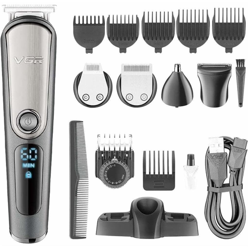 VGR Professional Digital 5 In 1 Rechargeable Wet and Dry Grooming Kit, Black Silver - V-105 ( International Warranty )